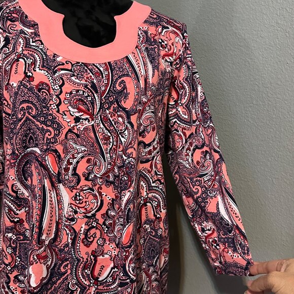 Kim Rogers Womens XL Paisley Tunic Top Coral Navy 3/4 Sleeve Cotton Blouse Boho - Picture 3 of 8